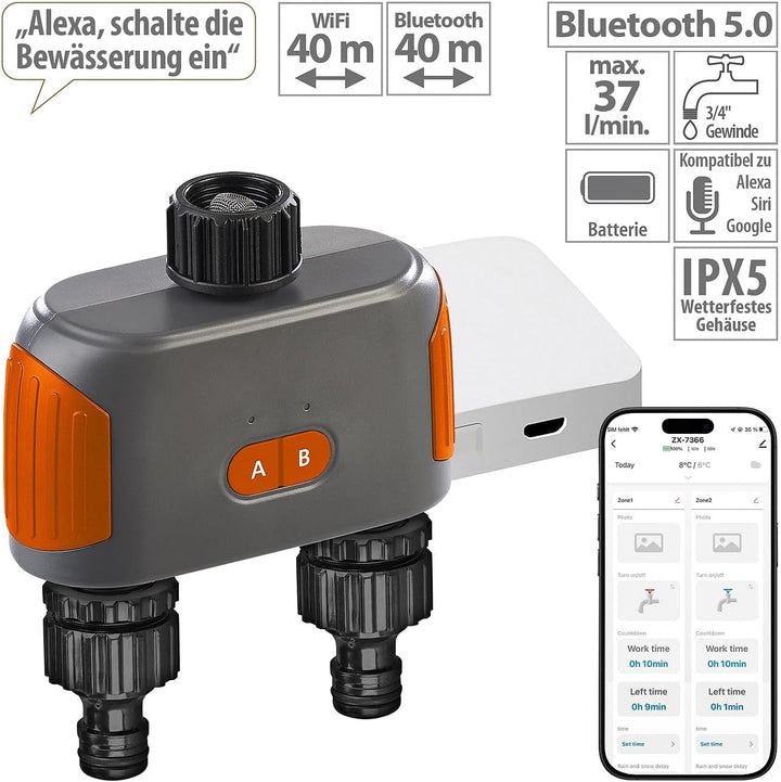 Royal Gardineer Bewässerung WiFi: 2-Zonen Bewässerungssystem, Timer, manuell & App, BT5 & WLAN Gatew