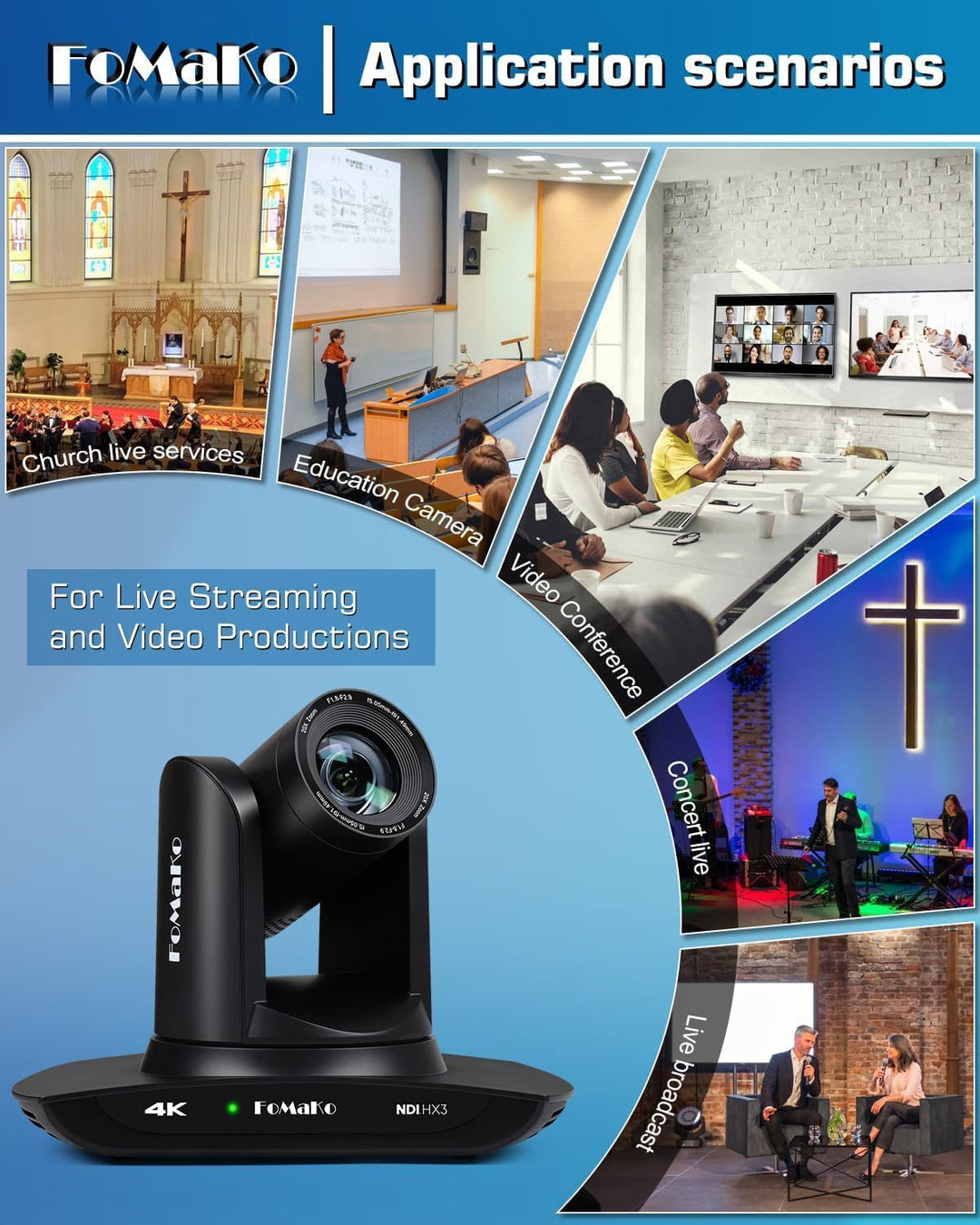 FoMaKo 4K PTZ Kamera NDI HX3 KI-Tracking 20x Optischer Zoom, mit HDMI/USB3.0/LAN(PoE), für LIve-Gott