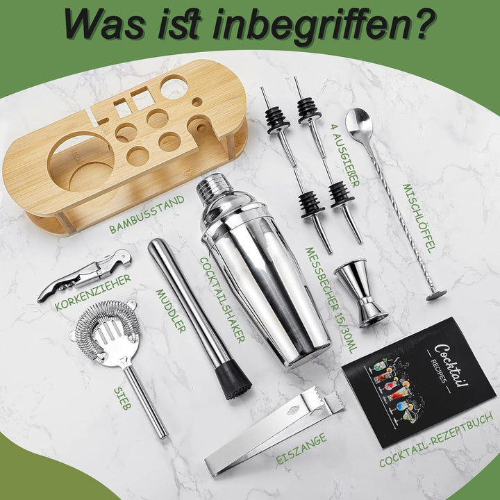 Cocktail Shaker Set Barkeeper Set mit Ständer, Edelstahl Drink Mixer Set mit allem wichtigen Zubehör