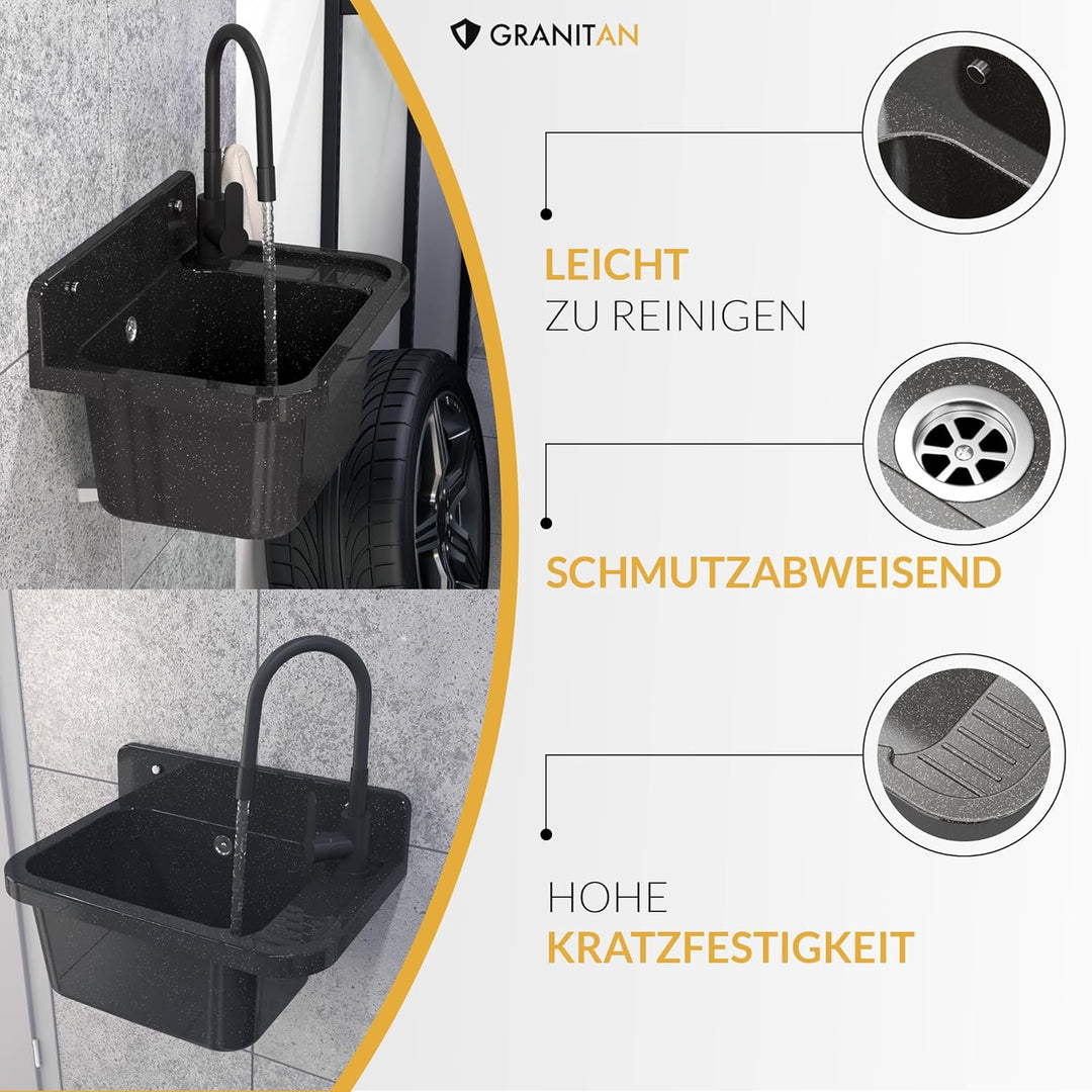 Granitan Ausgussbecken für Garage Keller Werkstatt und Waschküche - Universal Waschtrog mit Siphon -