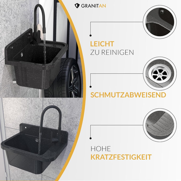 Granitan Ausgussbecken für Garage Keller Werkstatt und Waschküche - Universal Waschtrog mit Siphon -