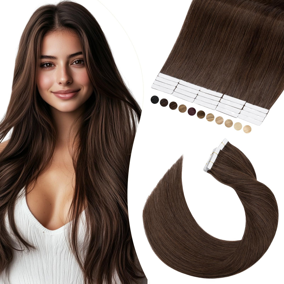 Elailite Echthaar Extensions Tape in #04 Schokobraun 20 stück Invisible Kleber Haarverlängerung Kleb