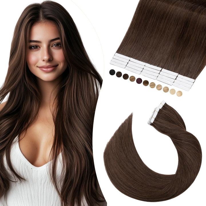 Elailite Echthaar Extensions Tape in #04 Schokobraun 20 stück Invisible Kleber Haarverlängerung Kleb