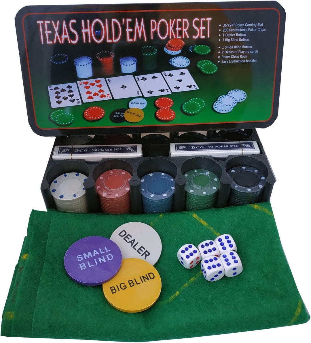 Poker & Blackjack-Set in Metallbox | 2 Kartenspiele, 200 Chips, Würfel, Dealer-Chip, Small Blind, Bi
