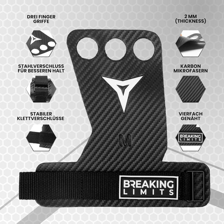 BREAKING LIMITS Crossfit Grips - Carbon-Mikrofaser-Fitness-Handschuhe mit 3 Fingerlöchern - Handschu