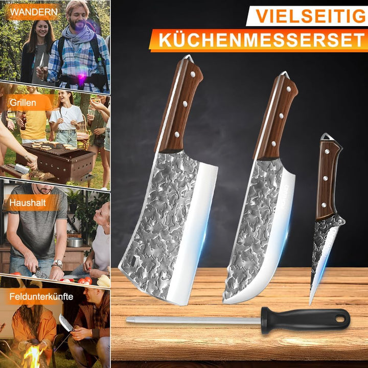 MDHAND Metzgermesser Set 3-teilig Handgeschmiedetes Serbisches Küchenmesser Set mit Ausbeinmesser Ha