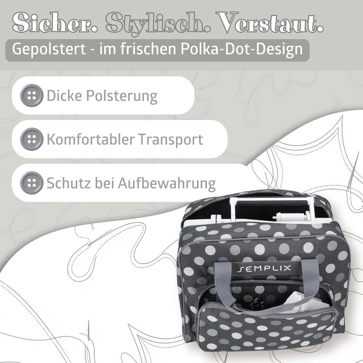 SEMPLIX XL-Nähmaschinentasche, Polka Dots Anthrazit/Grau, 52x42x27 cm, Grosse stabile Transport und