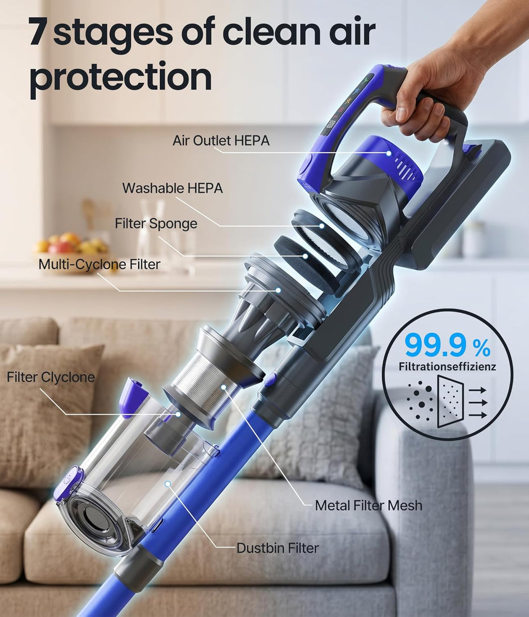 Zoomcat Akku-Staubsauger 600 W, 50 kPa, 70 Min kabellos blau | Tierpflegebürste, 1,4m Schlauch, Wand