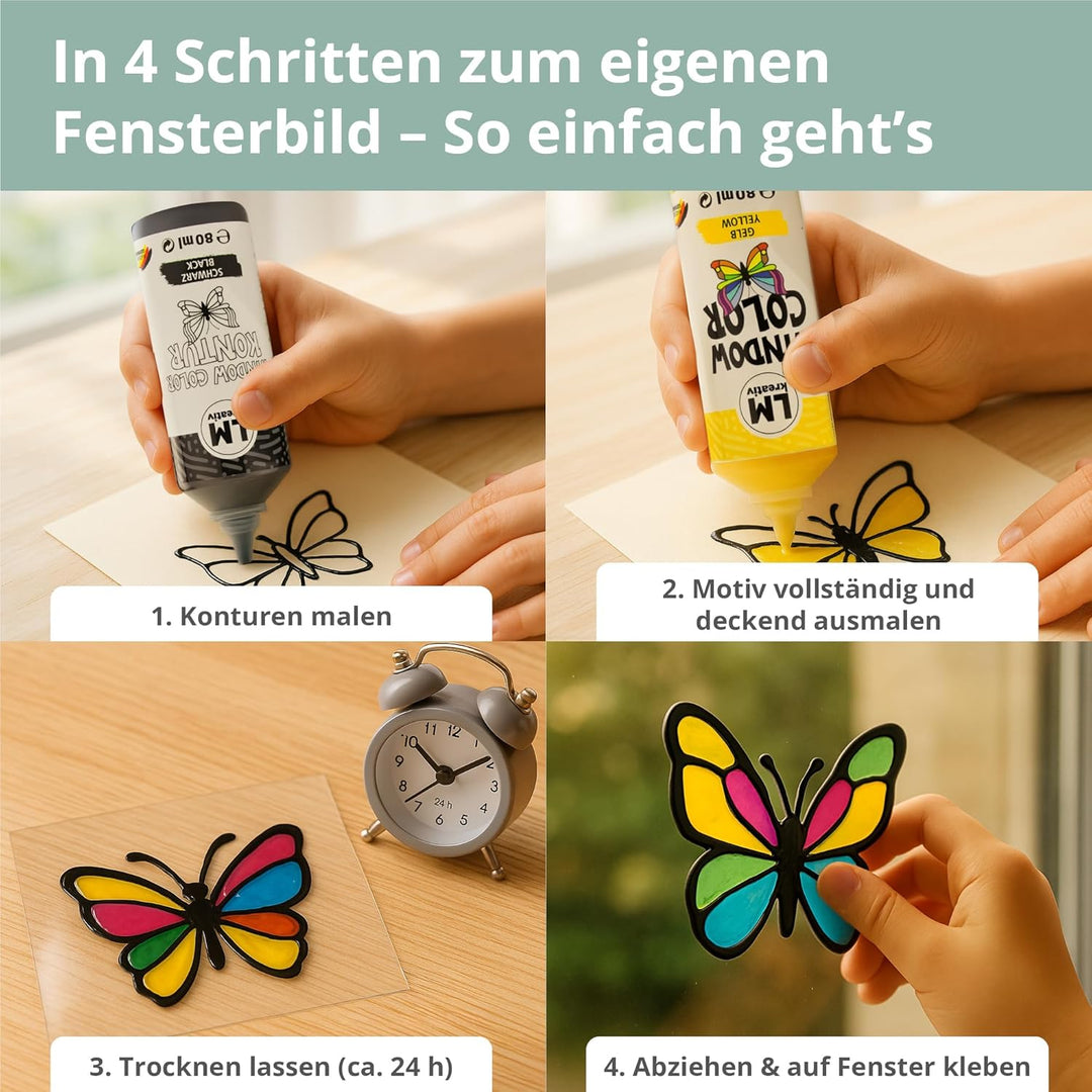 LM Window Color Set (17 x 80 ml Basic inkl. Konturfarbe & Malvorlagen) - Abziehbare Fenstermalfarbe/