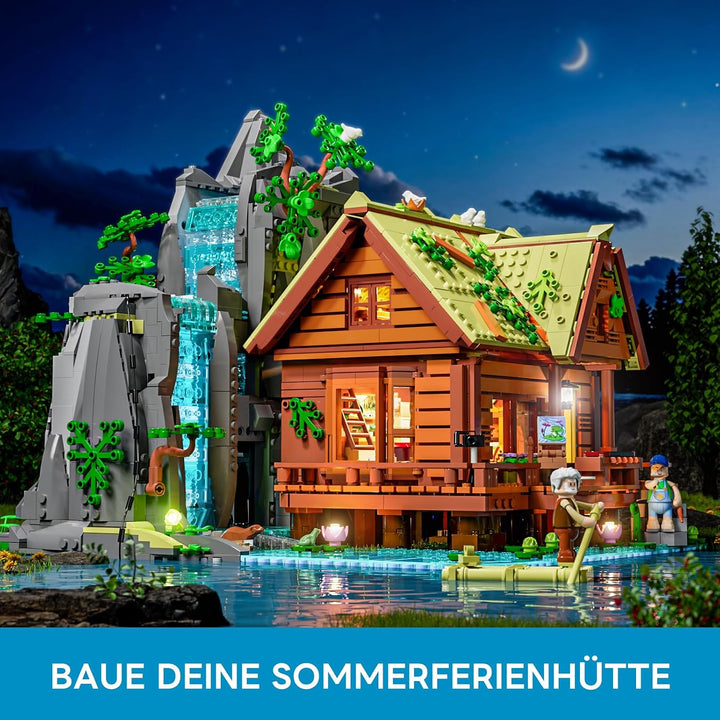 Lumibricks Waterfall Cabin Bauset mit Licht – 2539 Teile Retro Holzhaus mit beweglichem Wasserfall &