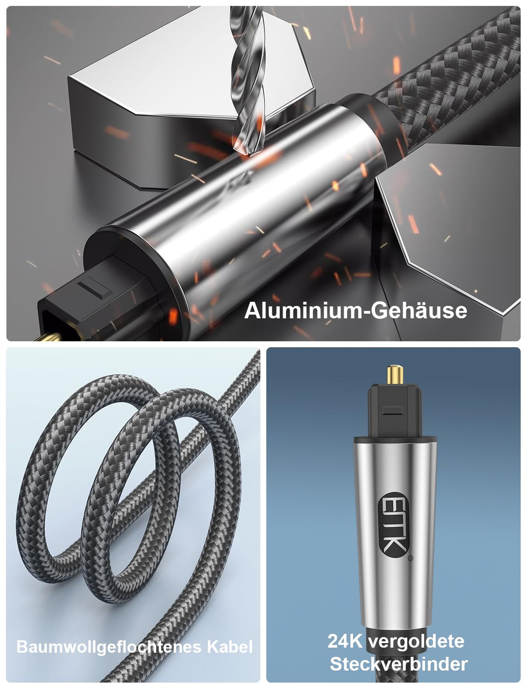 EMK 90 Grad Optisches Kabel,Optisches Audiokabel,Toslink Kabel,Lichtwellenleiterkabel für Heimkino,F