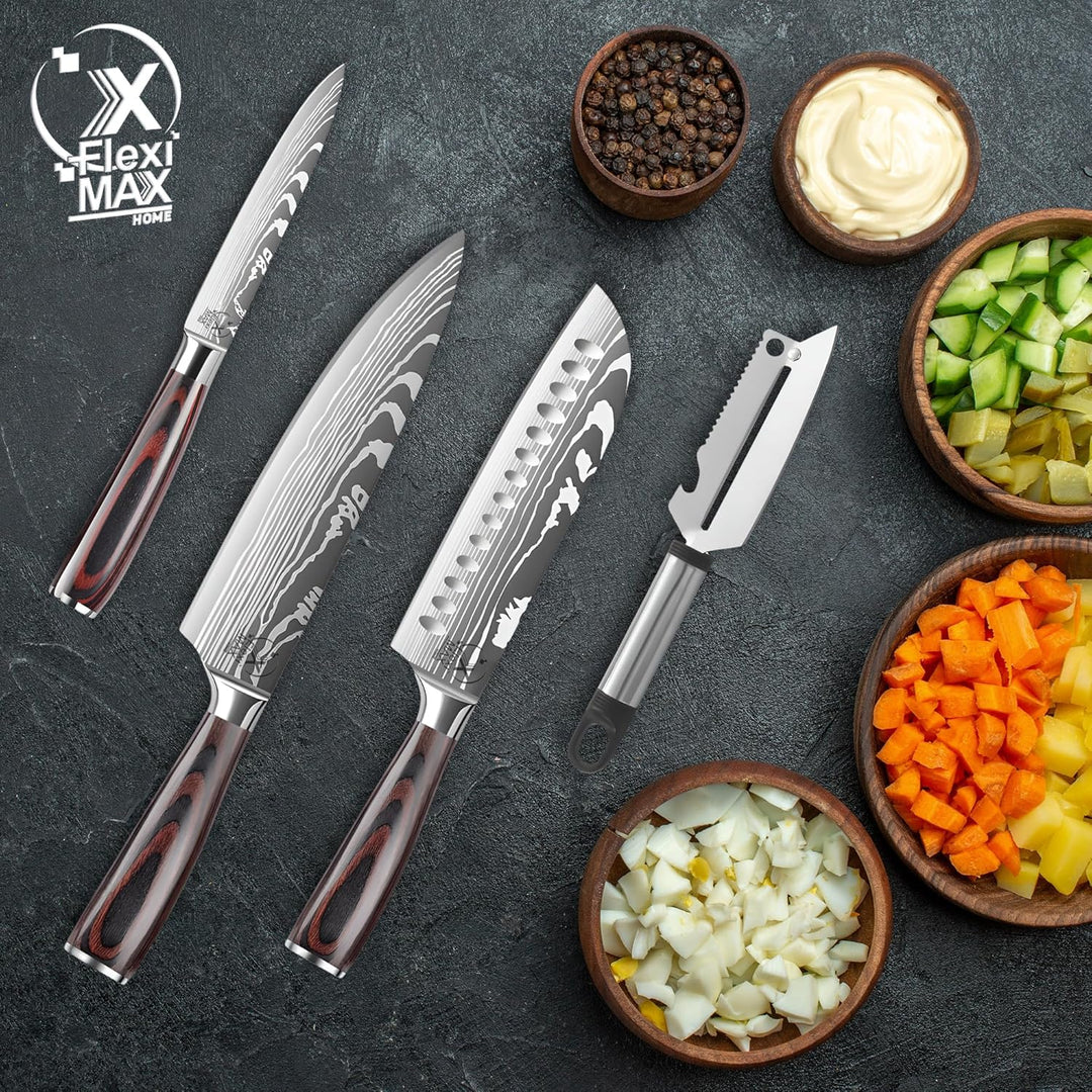 Küchenmesser Set von Küchenmessern: Chefmesser 8”, Santoku Messer 7”, Allzweckmesser 5” und Kartoffe