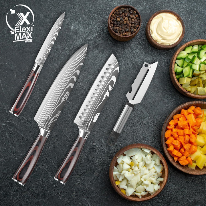 Küchenmesser Set von Küchenmessern: Chefmesser 8”, Santoku Messer 7”, Allzweckmesser 5” und Kartoffe