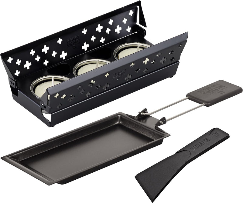 KUHN RIKON Candle Light Mini Schweizerkreuz Raclette Set, schwarz, Antihaft-Grill-Pfännchen, mit Tee