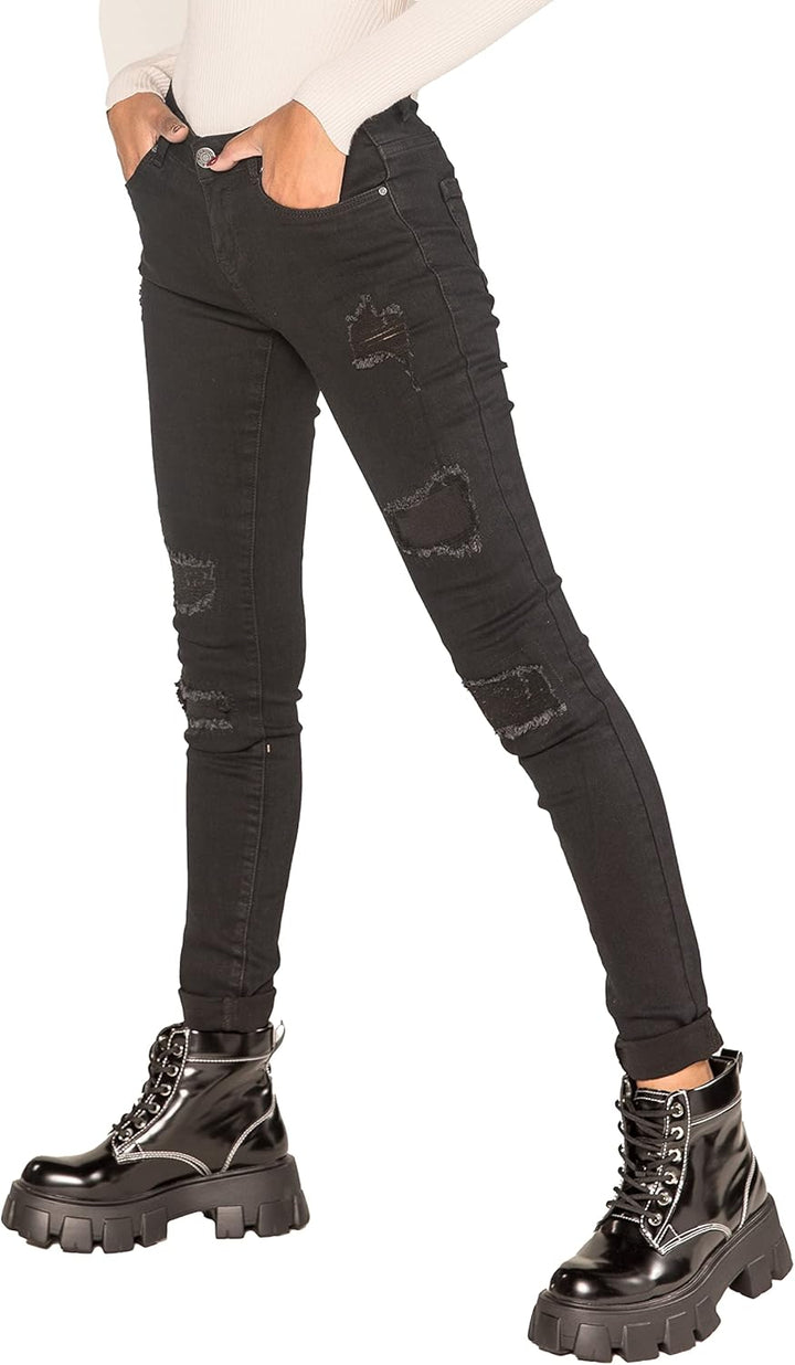Nina Carter P100 Damen Skinny Fit Low Waist Jeanshosen mit Destroyed-Effekten Used-Look Jeans Waschu