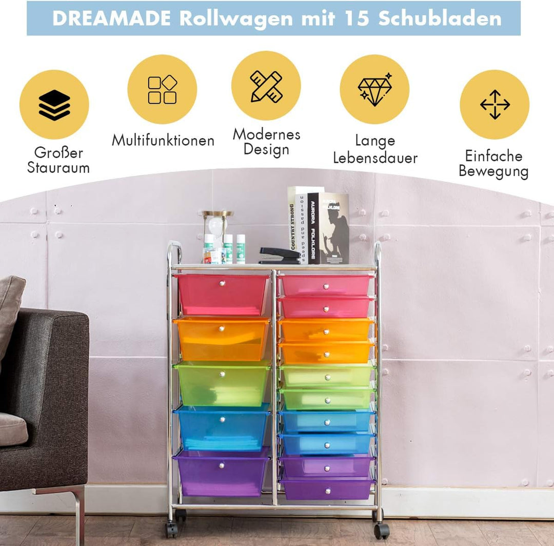 DREAMADE Rollwagen mit 15 Schubladen, Küchenwagen Beistellwagen mit 4 Rollen, Aufbewahrungswagen mit