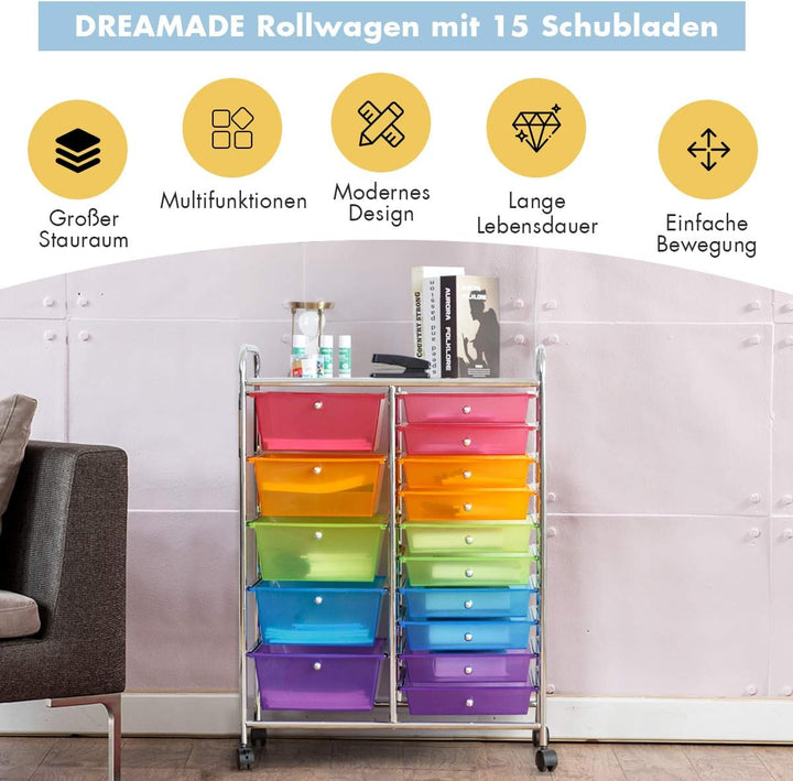 DREAMADE Rollwagen mit 15 Schubladen, Küchenwagen Beistellwagen mit 4 Rollen, Aufbewahrungswagen mit