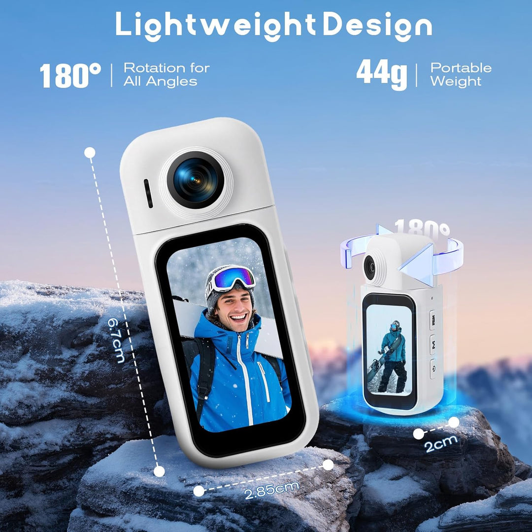 360° Mini Action Kamera mit Touchscreen, Action Body Cam, 30m Wasserdicht, 8h Akku, 120° Weitwinkel,