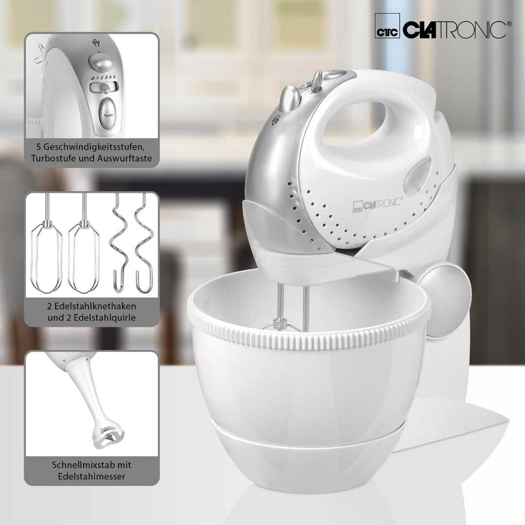 Clatronic 2in1 Handmixer-Set HMS 2739 mit Mixstab, Edelstahlquirle &amp; -knethaken, 5 Geschwindigkeitss