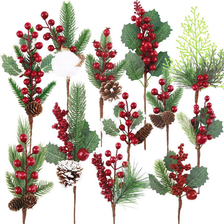 Morofme 12 Stück Künstliche Tannenzweige mit Rote Beeren Deko, Weihnachtszweige mit Tannenzapfen, Ba