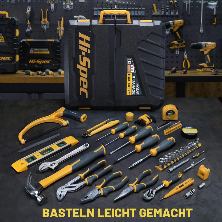 Hi-Spec 113-tlg Werkzeugkasten Bestückt mit den am Meist Benötigten Werkzeugen, Werkzeugkoffer Ideal
