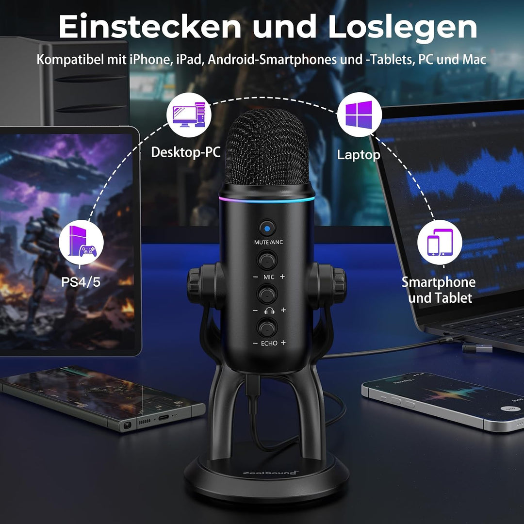 zealsound USB Mikrofon für PC &amp; Smartphone, Plug &amp; Play Podcast Mikrofon mit Rauschunterdrückung, St