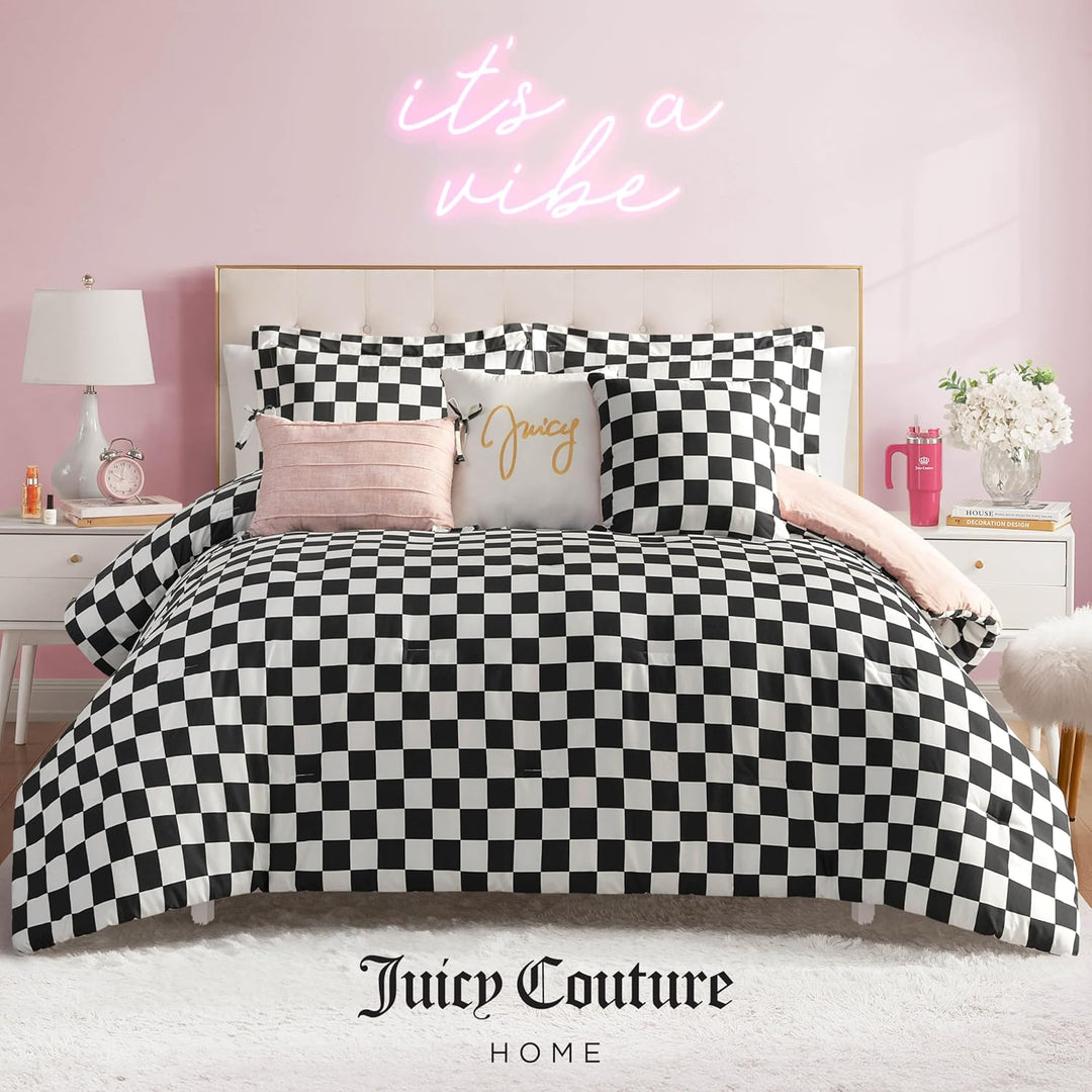 Juicy Couture-Wende-Steppdecken-Set, Schachbrettmuster, 6-teilig, King-Size-Set, Schwarz/Weiss King