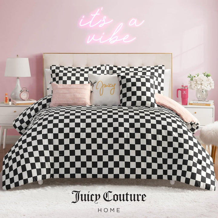 Juicy Couture-Wende-Steppdecken-Set, Schachbrettmuster, 6-teilig, King-Size-Set, Schwarz/Weiss King