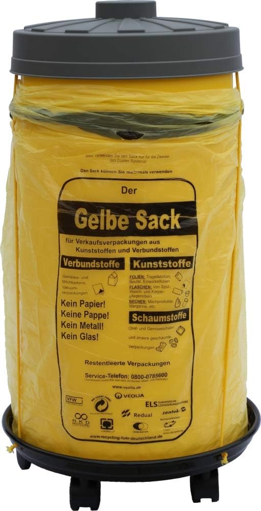Sacktonne gelb mit Rollwagen und Deckel, Müllsackständer, Gelber Sack, Mülltonne, Wertstoffbehälter