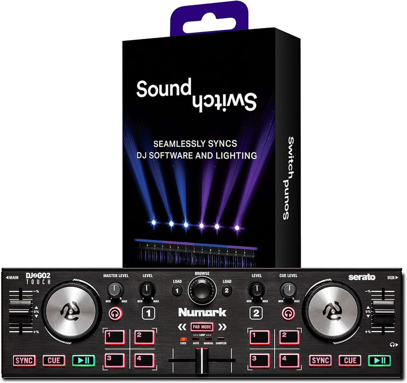 Numark DJ2GO2 Touch + SoundSwitch Micro DMX Interface - 2-Deck USB DJ-Controller für Serato DJ mit M