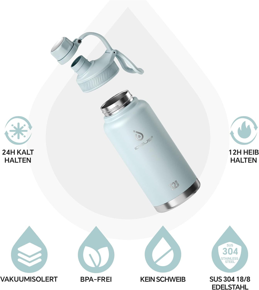 IDEUS Vakuumisolierte Wasserflasche, 32 Oz (950 ml) Edelstahl Doppelwand Flasche Metall Sport Kantin