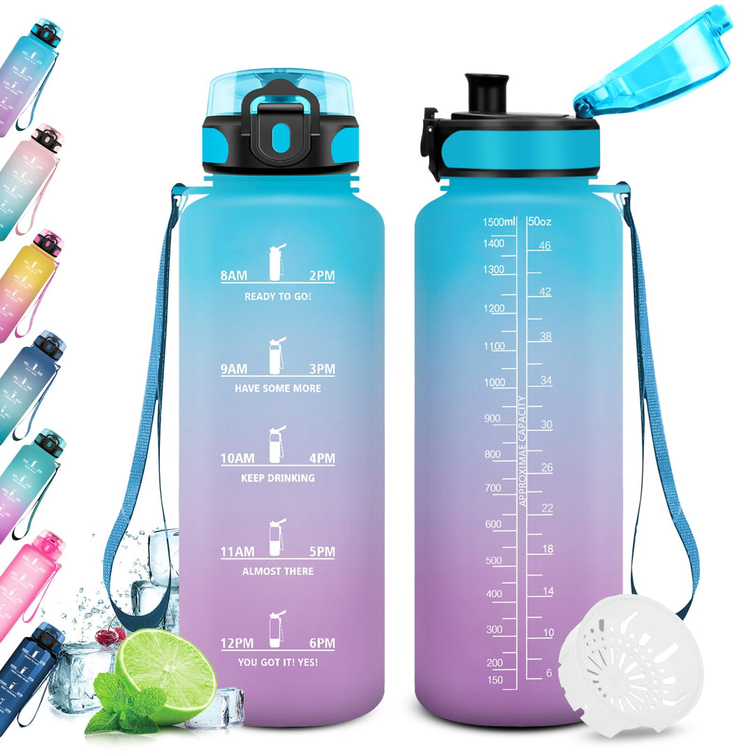 KollyKolla Trinkflasche Kohlensäure Geeignet, 500ml/1L/1.5L, Sport Trinkflasche mit Zeitmarkierung,