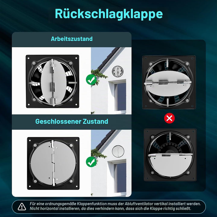 HG Power Abluftventilator 250mm - 1680m³/h Badlüfter Leiser mit Rücklaufklappe, Schalter, Stecker, 7