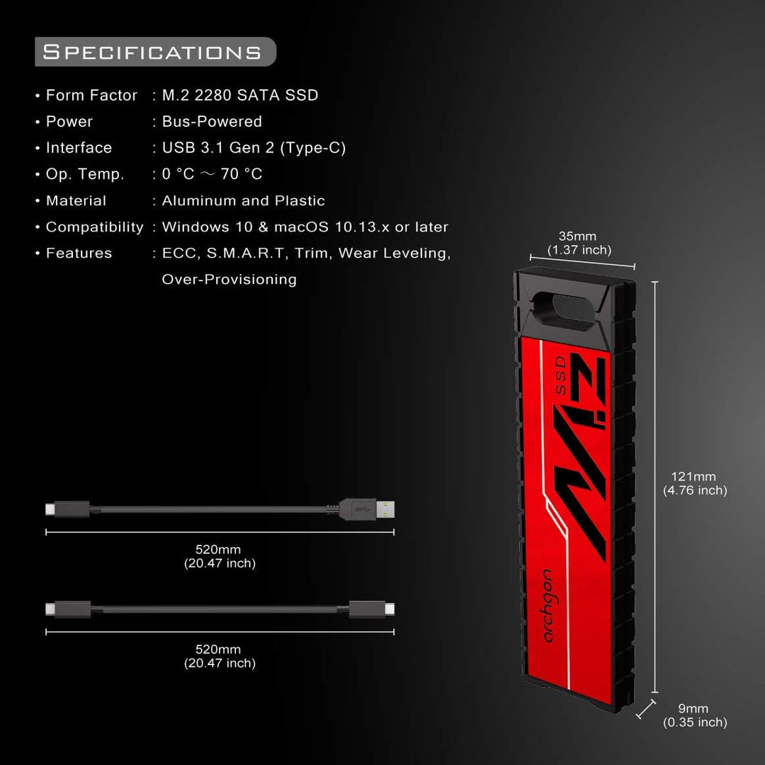 Archgon G70, Externe SSD M.2, 960GB, USB 3.1, Gen 2 (Type-C), Gaming Portable, rot 960GB G703K, 960G