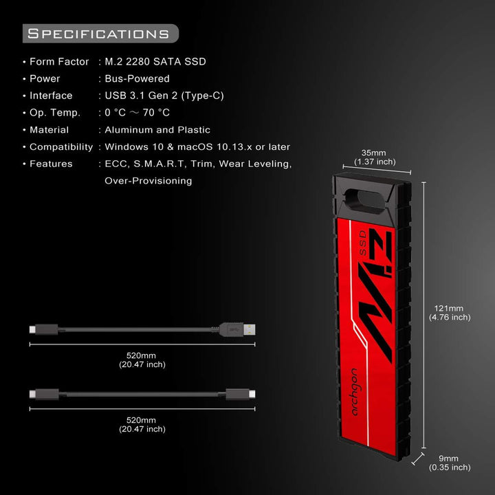 Archgon G70, Externe SATA SSD M.2, 480GB, USB 3.1, Gen 2 (Type-C), Gaming Portable, rot 480GB G703K,