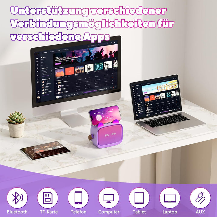 Karaoke Maschine für Kinder mit 2 Kabellosen Mikrofonen, Bluetooth Lautsprecher mit LED Licht, Emoji