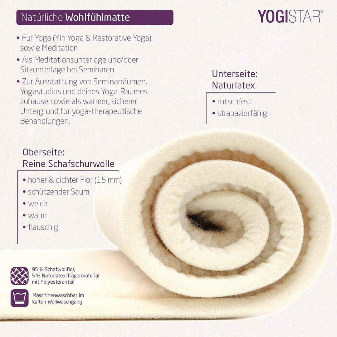 Yogistar Yogamatte yogimat® Natur - Schurwolle - umsäumt 200 x 75 x 1.5 cm, 200 x 75 x 1.5 cm