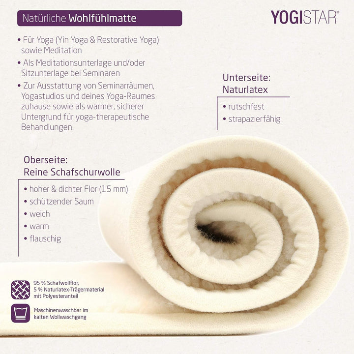 Yogistar Yogamatte yogimat® Natur - Schurwolle - umsäumt 200 x 100 x 1.5 cm, 200 x 100 x 1.5 cm