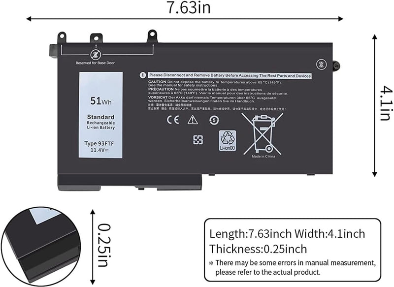 AKKEE 51Wh 93FTF Laptop Akku für Dell Latitude 5580 5590 5591 5480 5490 5491 5495 5280 5288 5488 E52