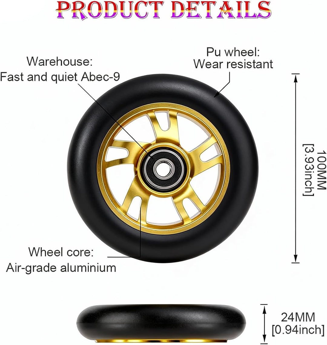 2 Stück Pro Stunt Scooter Rollen 100mm, Stunt Scooter Räder with ABEC-9 Bearings, Thickened PVC Repl