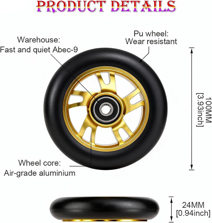 2 Stück Pro Stunt Scooter Rollen 100mm, Stunt Scooter Räder with ABEC-9 Bearings, Thickened PVC Repl