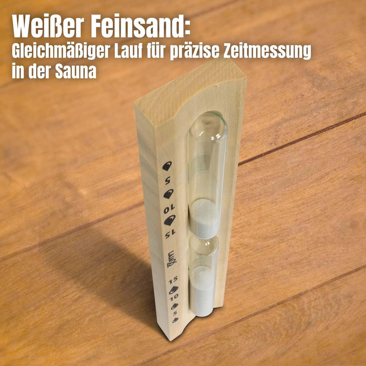 LaJa26 Sauna Sanduhr "Konvex" weisser Sand - FSC Espenholz - Drehgestell aus Holz zur Montage an der