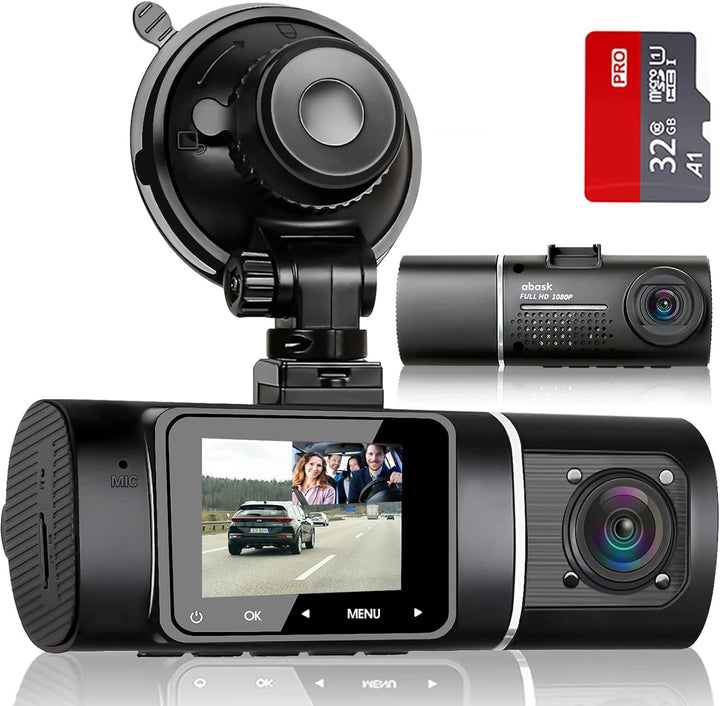 Abask J05 Dashcam Auto 1080P Dash Cam Vorne Innen mit 32GB SD-Karte, 310° Weitwinkelansicht, Autokam