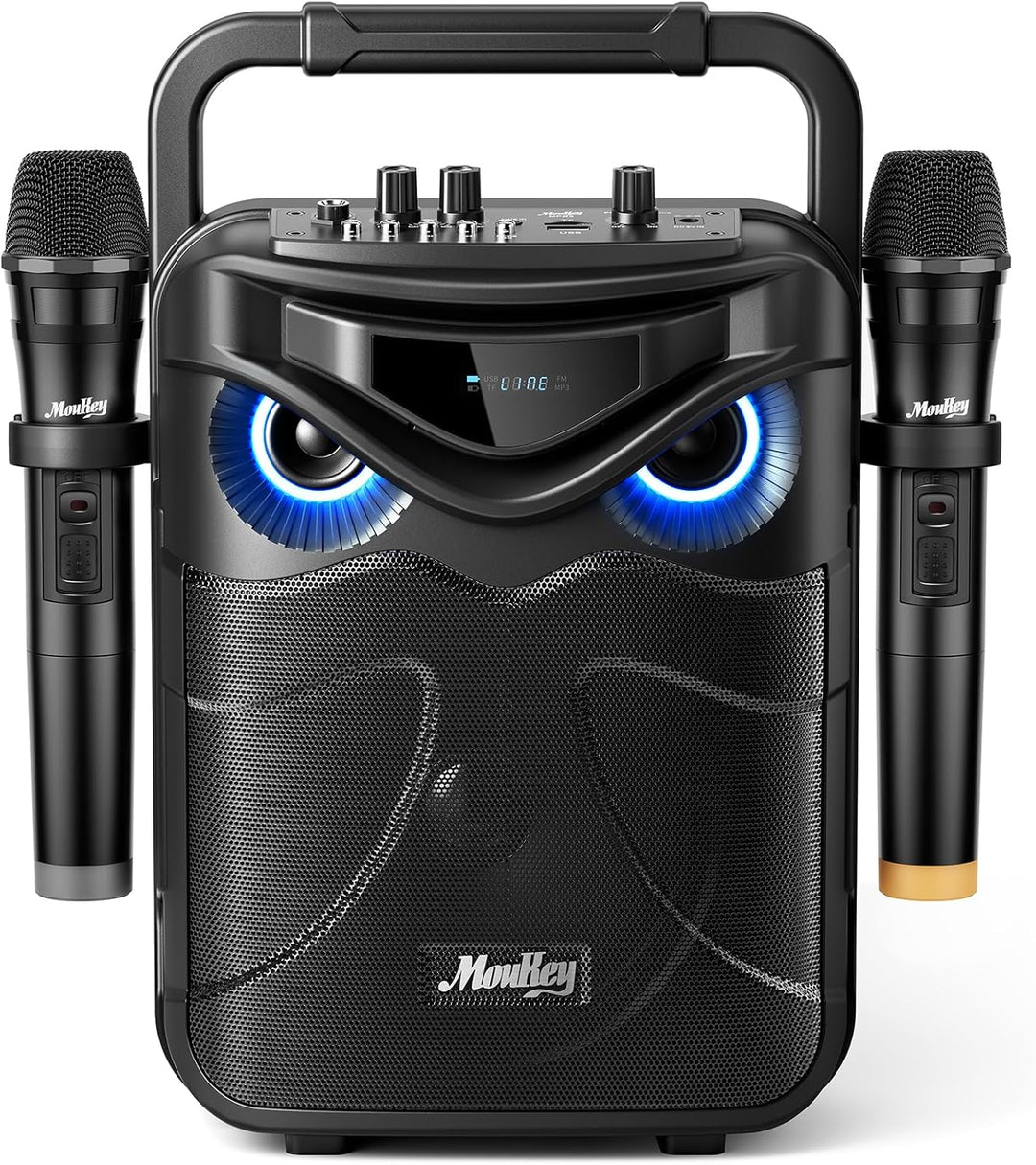 Moukey Tragbare Karaoke-Maschine mit 2 kabellosen Mikrofonen, Bluetooth-PA-Lautsprecher mit kraftvol
