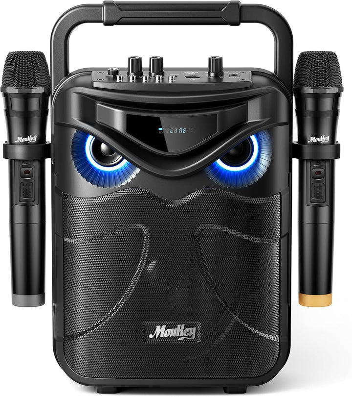 Moukey Tragbare Karaoke-Maschine mit 2 kabellosen Mikrofonen, Bluetooth-PA-Lautsprecher mit kraftvol