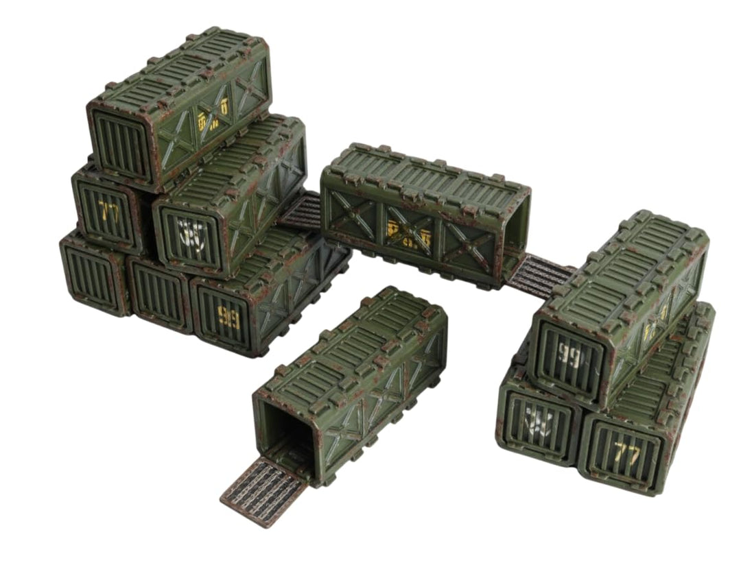 Modulares Frachtcontainer-Gelände-Set (5 Teile) für 28-mm-Tabletop-Kriegsspiele | Stapelbares, graue