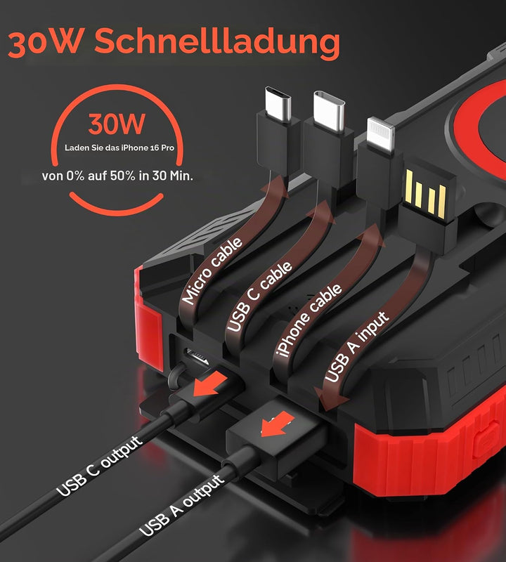 52800mAh Solar Wireless Power Bank, tragbares Ladegerät 30W Schnelles Ladegerät 6 Ausgänge &amp; 4 Eingä