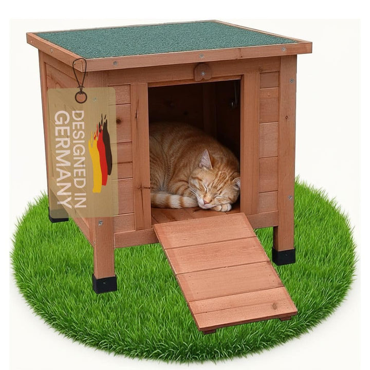 Melko Katzenhaus 50 x 45 x 43 cm mit klappbarem Deckel und Rampe, Winterfest Braun, Braun
