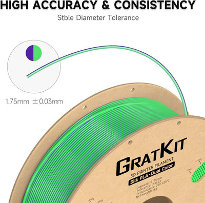 GratKit Dual Zweifarbig Seide PLA Filament 1.75mm, -0.03mm, Coextrusion PLA Filament, 3D Drucker Fil