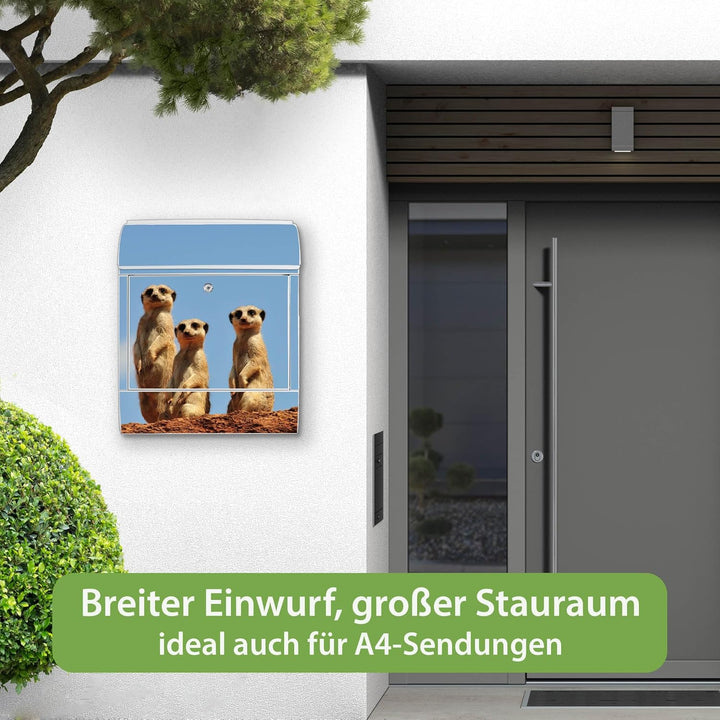 banjado® Design Briefkasten mit Motiv Erdmännchenfamilie 39x47x14cm & 2 Schlüssel - Briefkasten Stah